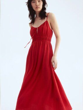 H&M Red Spaghetti-Strap Crinkle Jersey Midi Dress XS